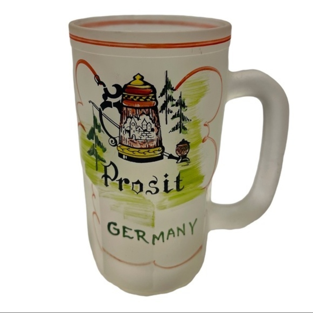 HAZEL ATLAS Vintage Gay Fad Frosted Glass Beer Mug Hand Painted Prosit Germany